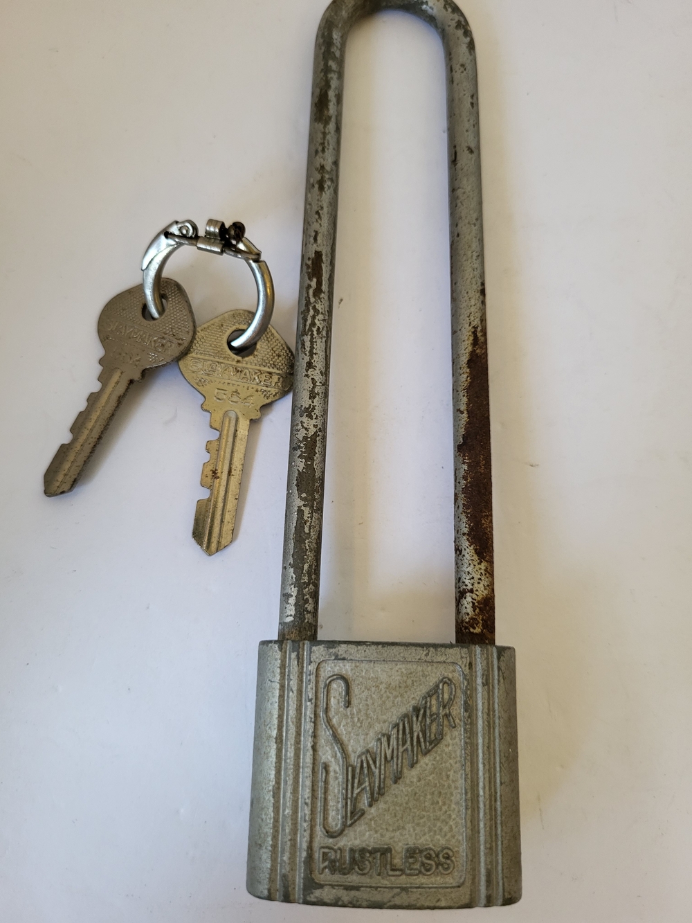 Vintage 1950s Slaymaker Rustless Long-Shackle Bicycle Padlock with 2 Keys